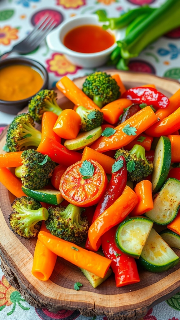A colorful air fryer vegetable medley with broccoli, carrots, bell peppers, and zucchini on a rustic platter.